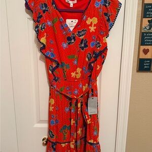 NWT DR2 Red Floral Dress with Blue trim